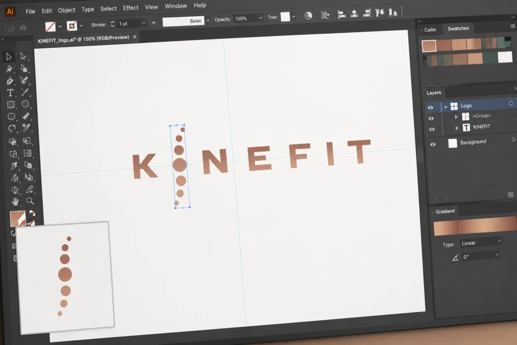 Logo-ontwerp voor Kinefit in Illustrator: een ruggenwervel in bronstinten vormt de i van Kinefit