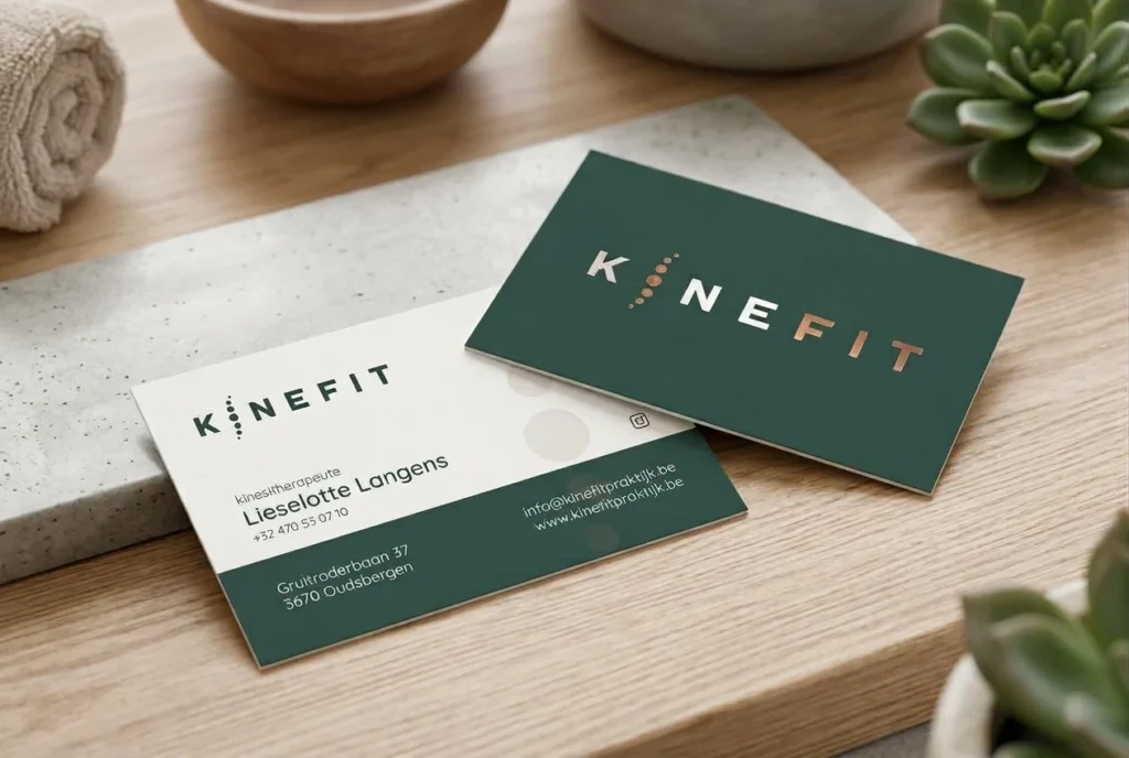 Visitekaartjes van Kinefit, voor- en achterkant, op een houten tafel