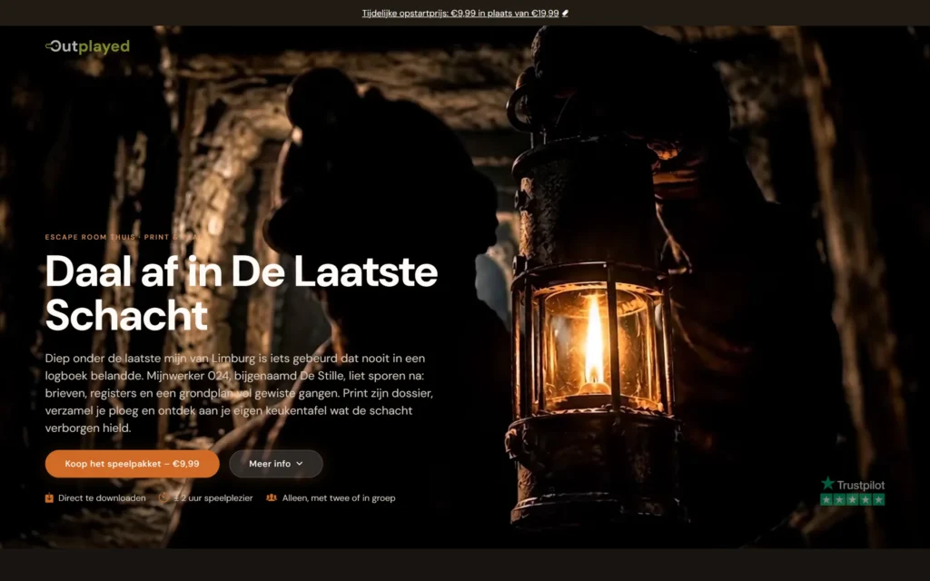 Productpagina van escape room De Laatste Schacht in koolzwart en koper, met een mijnwerker en zijn lamp