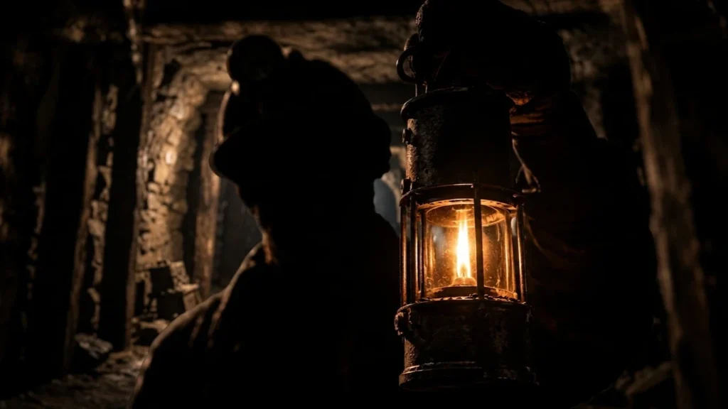 Sfeerbeeld van een mijnwerker met een brandende mijnlamp in een donkere mijngang, voor De Laatste Schacht