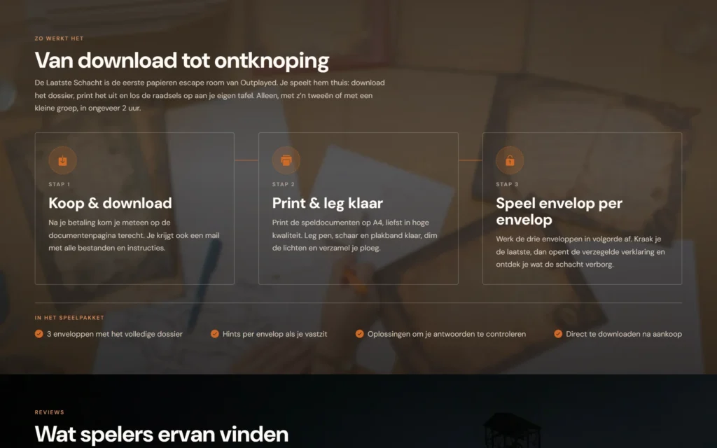 De drie stappen van escape room De Laatste Schacht: koop en download, print en leg klaar, speel envelop per envelop