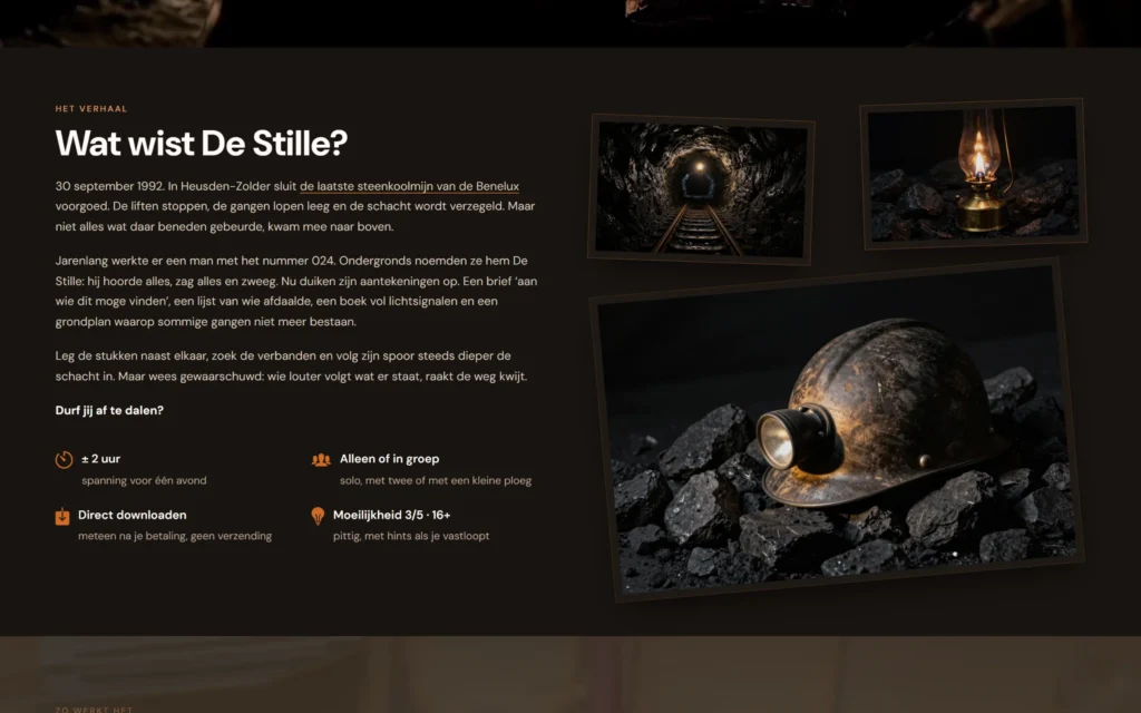 Het verhaal van De Laatste Schacht op de website, met sfeerbeelden van een mijngang, een olielamp en een mijnwerkershelm