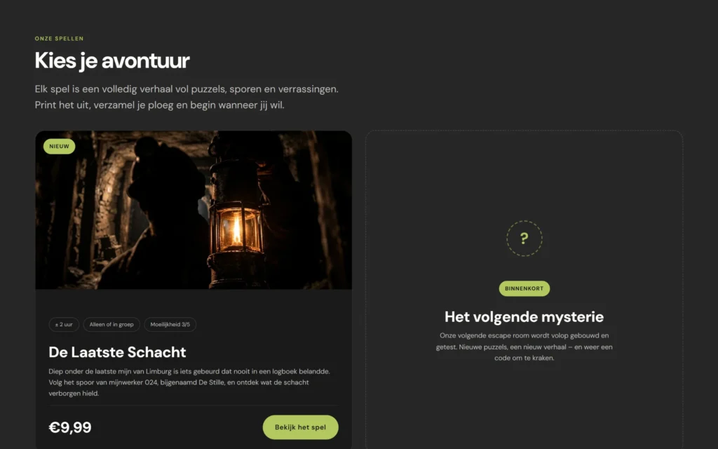 Homepage van Outplayed met de spelkaart van escape room De Laatste Schacht en een teaser voor het volgende spel