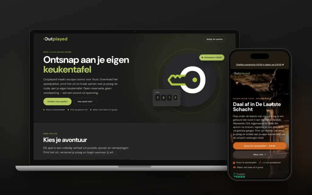 Webshop voor escape rooms Outplayed op een laptop en een smartphone