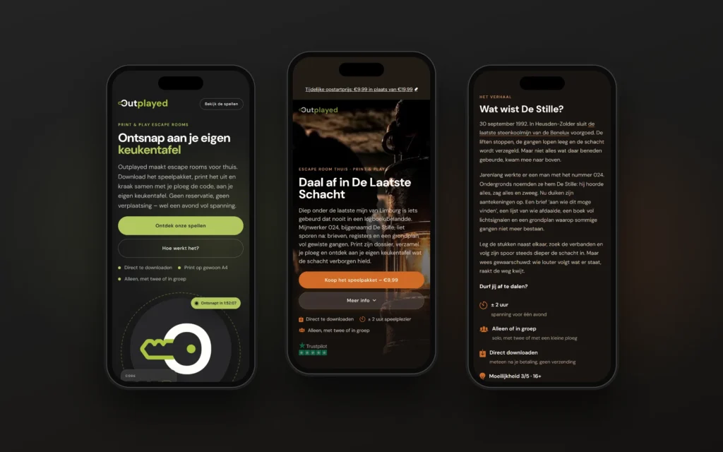 Drie smartphones met de mobiele website van Outplayed en de pagina van De Laatste Schacht