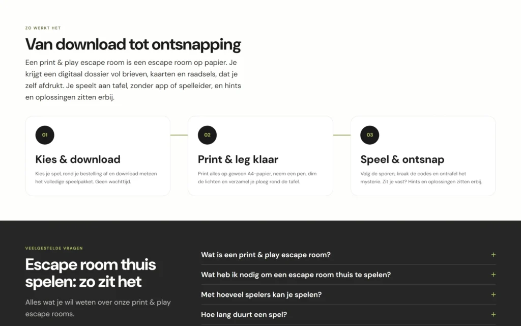 Sectie op de website van Outplayed die in drie stappen uitlegt hoe een print & play escape room werkt